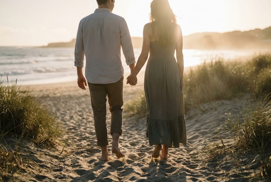 Couple walking on beach at sunset