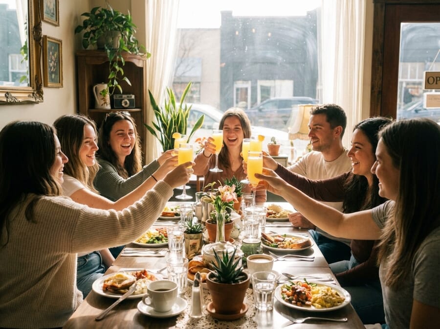 Friends at brunch raising glasses