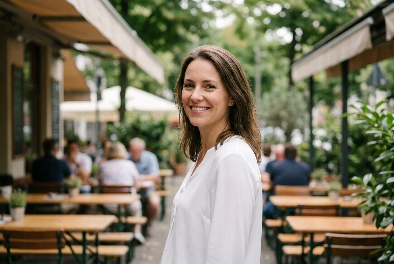 Woman positioned at 45-degree angle to camera