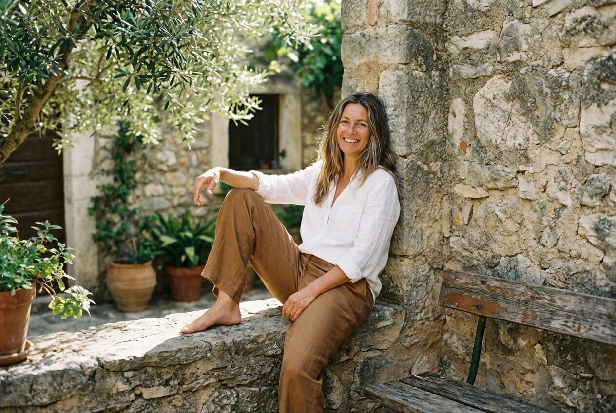 Woman leaning casually against stone wall