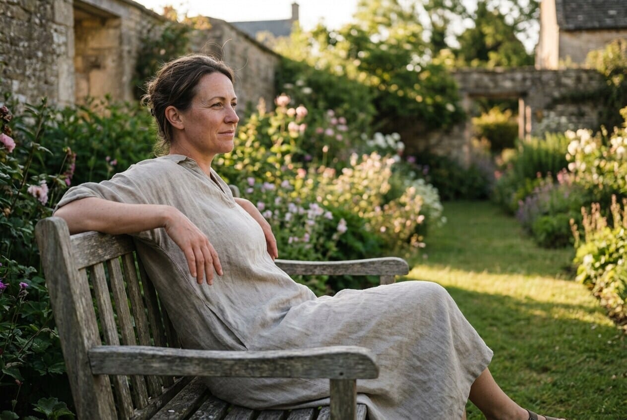 Woman sitting with elegant arched back posture on garden bench