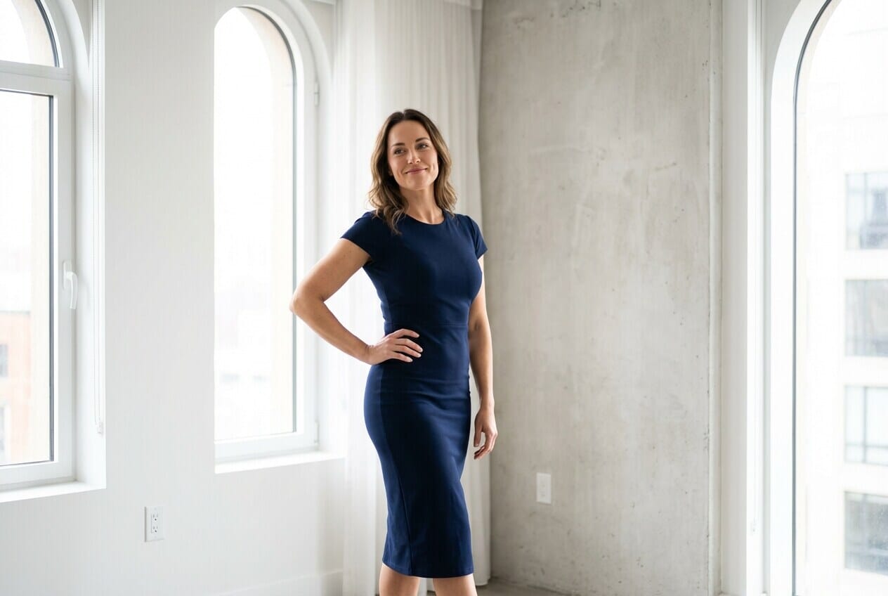 Woman with hand on hip creating flattering S-curve