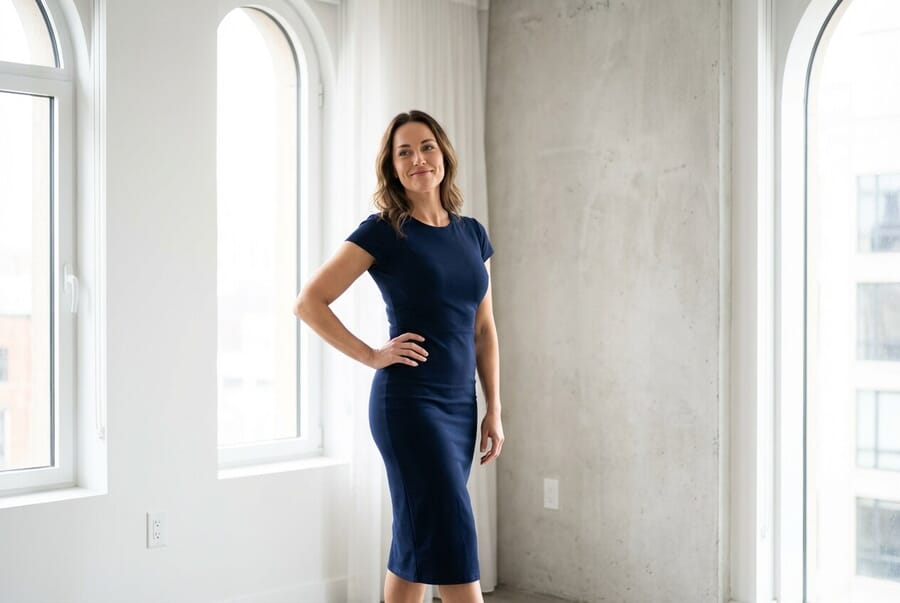 Woman with hand on hip creating flattering S-curve