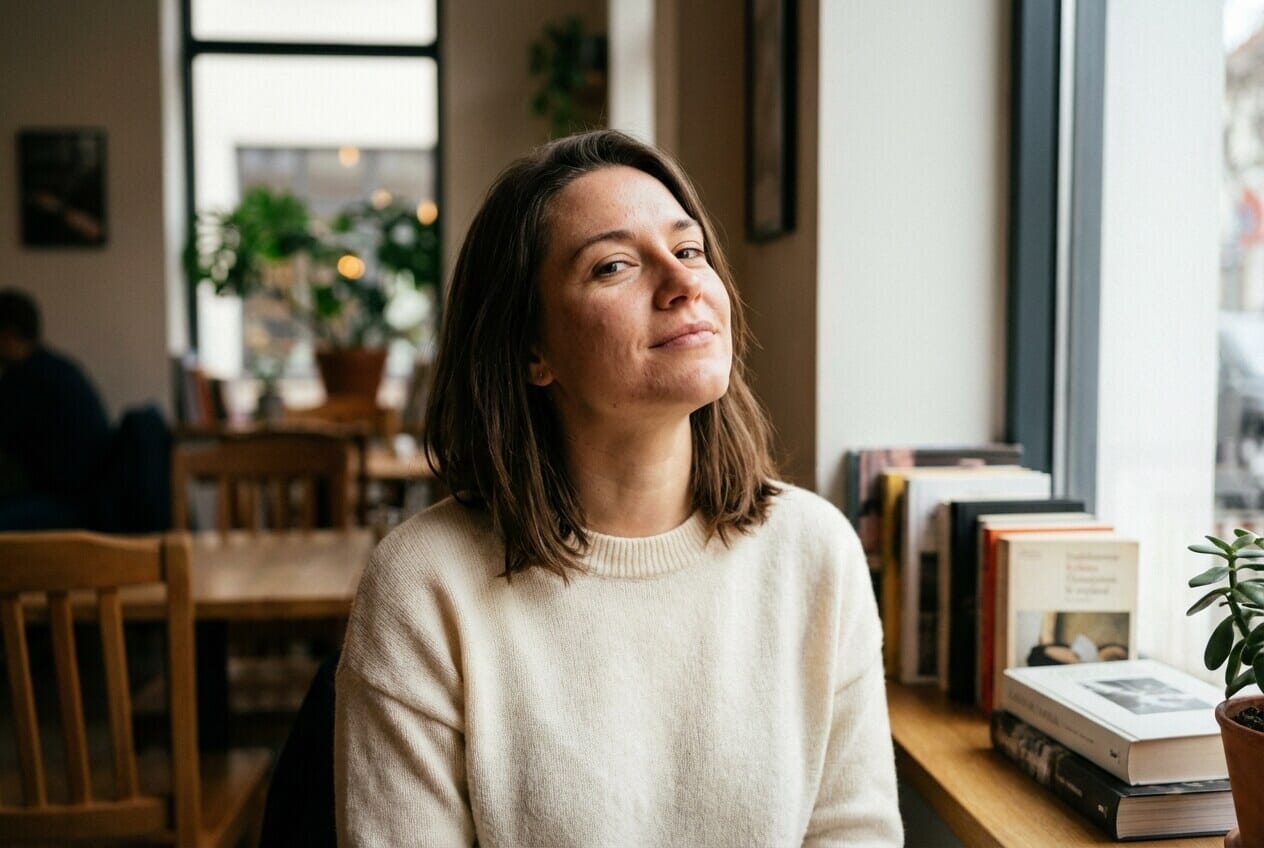 Woman with chin raised, confident expression in cafe setting