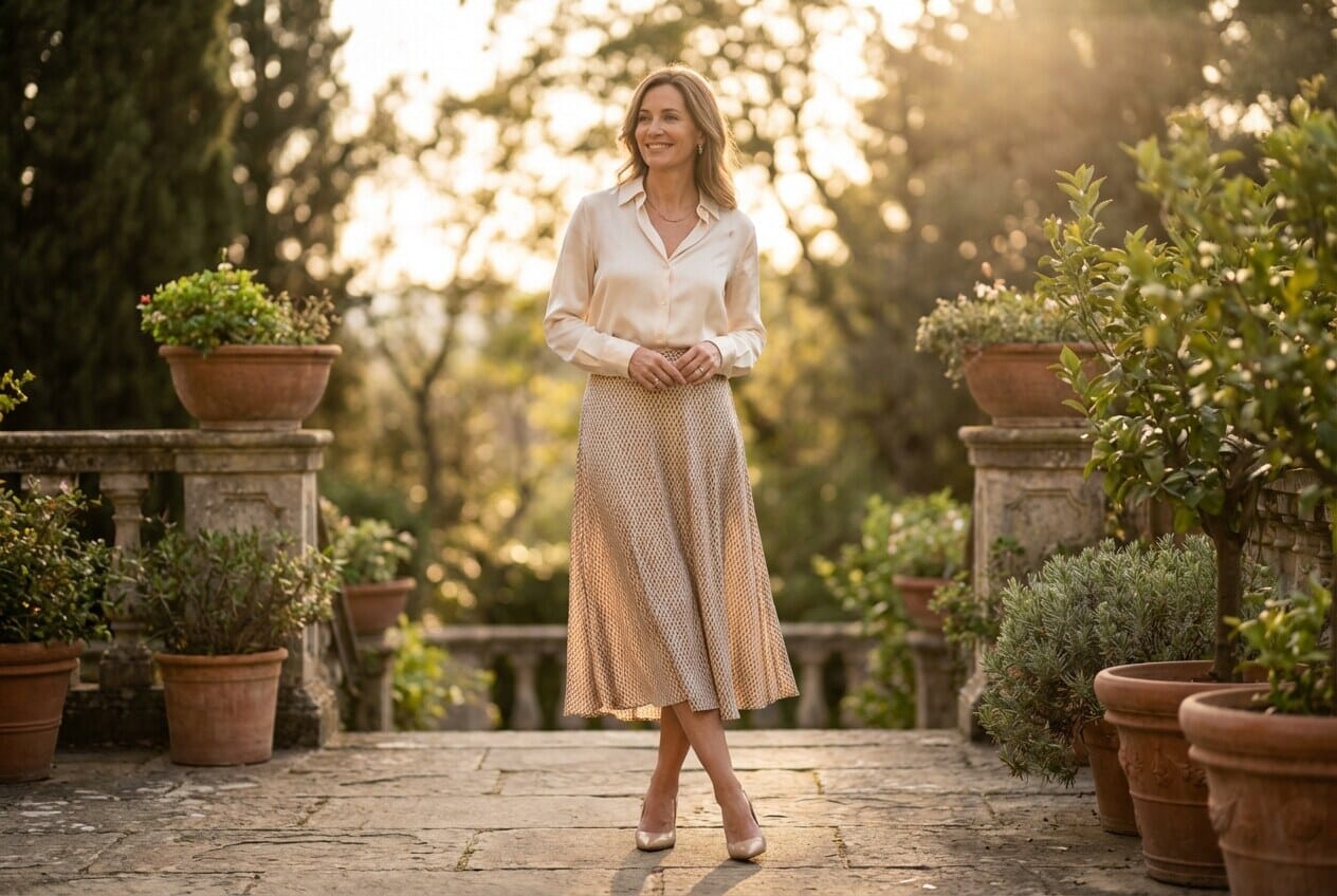 Woman standing with legs crossed at ankles