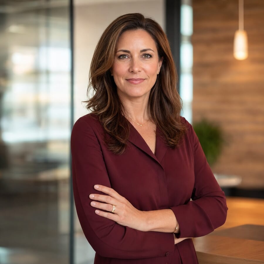 Woman with arms crossed at chest height, slight smile, modern blurred office background