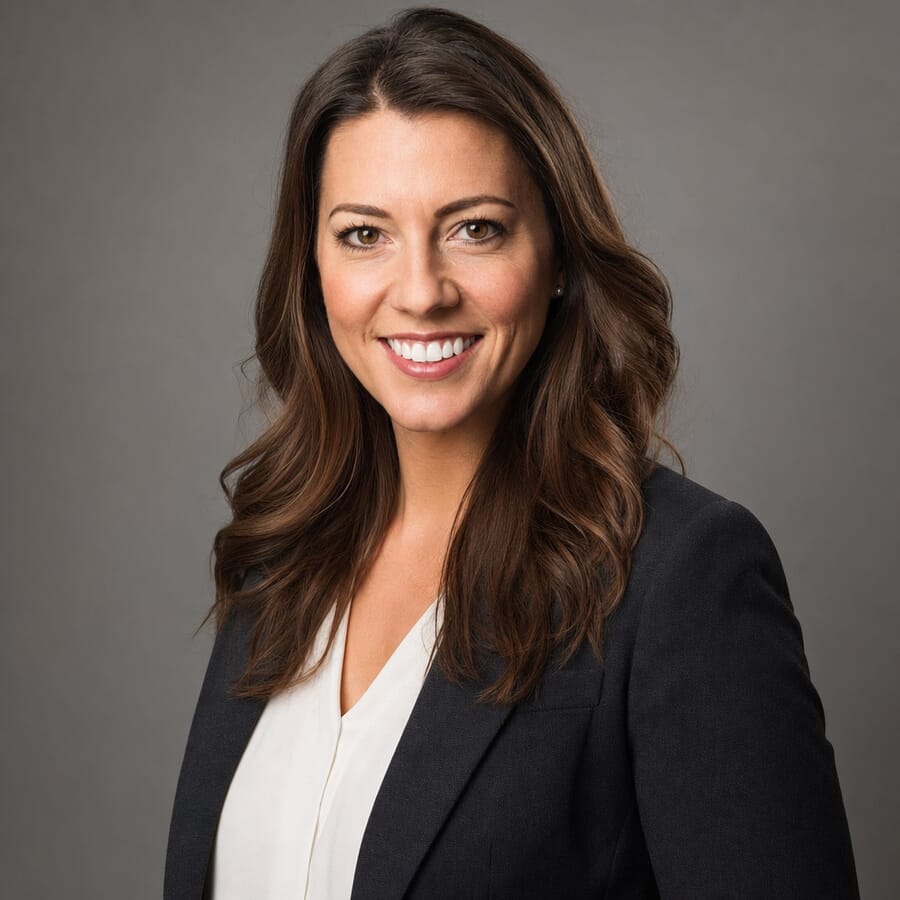 Confident woman in a charcoal blazer in a three-quarter pose, warm authentic smile