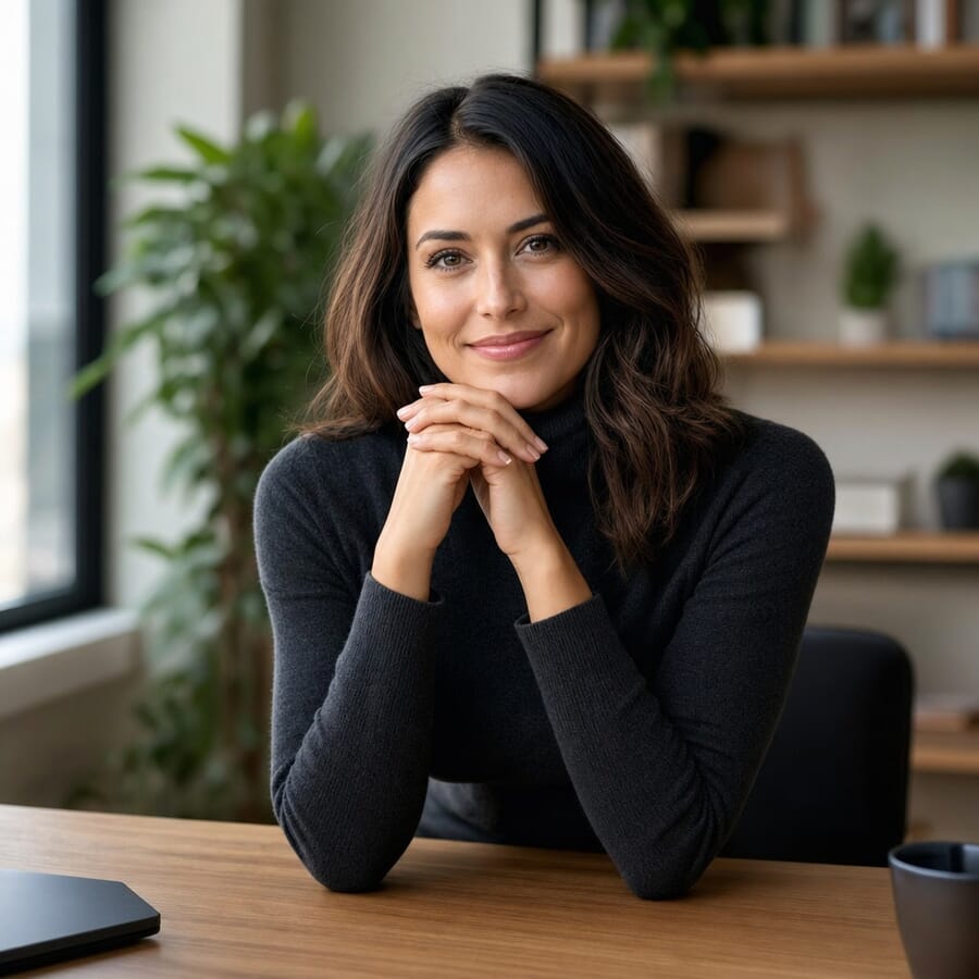 Woman leaning her elbows on a wooden desk, hands clasped, warm natural smile