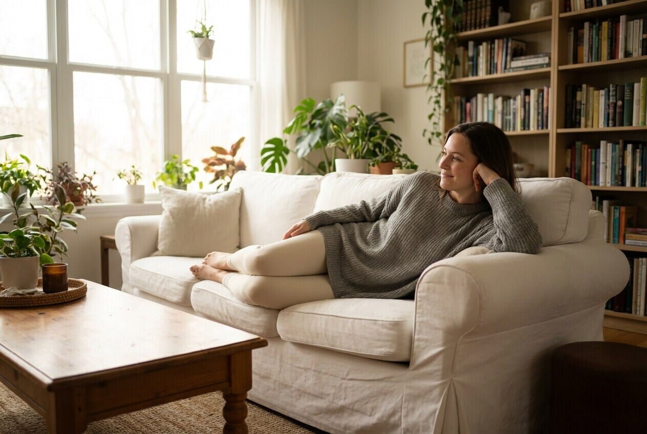 Woman lying on side propped on hip and elbow