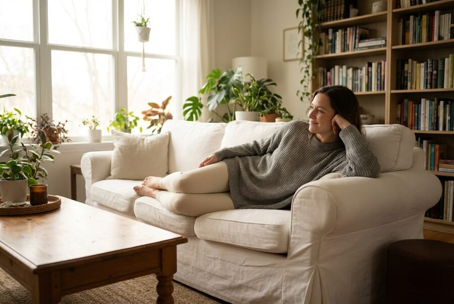 Woman lying on side propped on hip and elbow