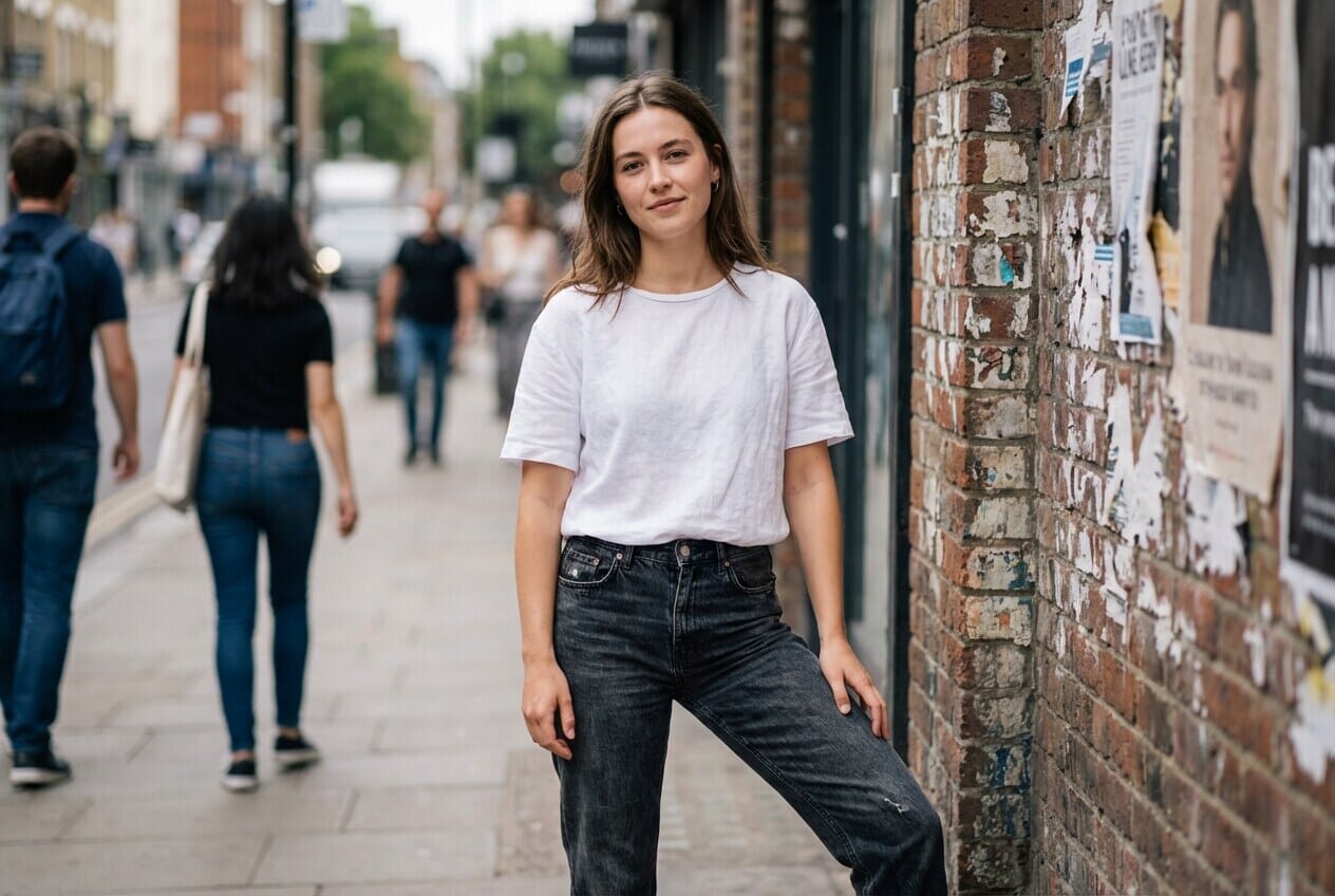 Woman standing with one leg forward creating depth