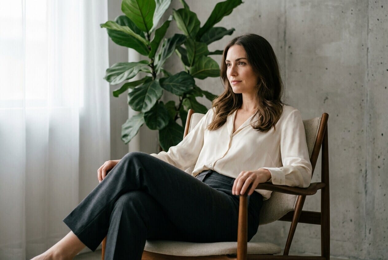 Woman seated with legs elegantly crossed