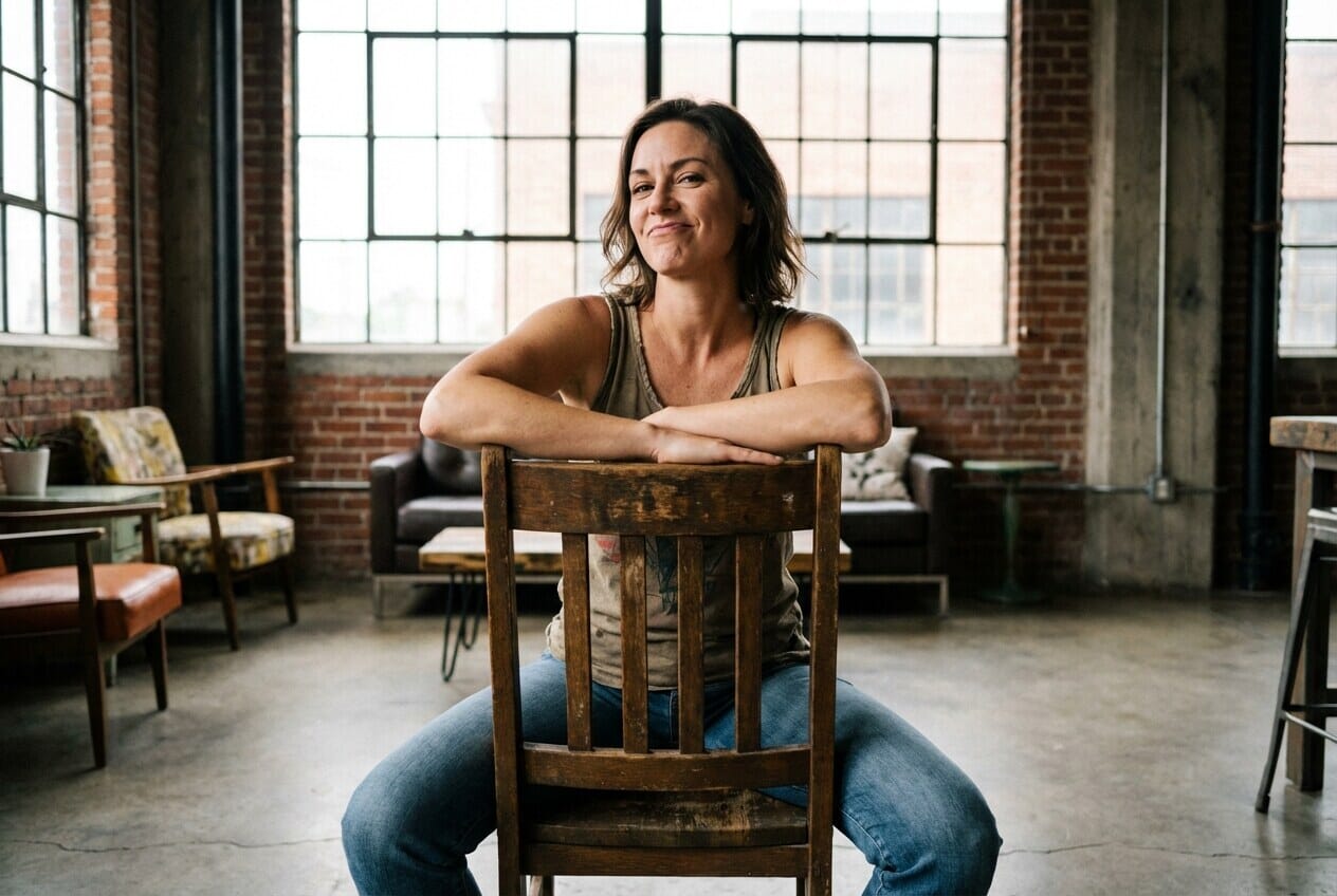 Woman sitting backward on chair, arms on back