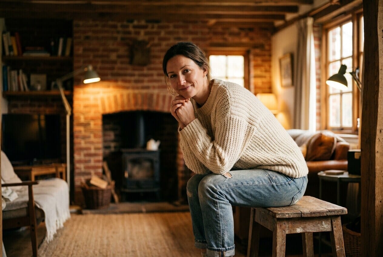 Woman sitting on edge of chair in relaxed pose