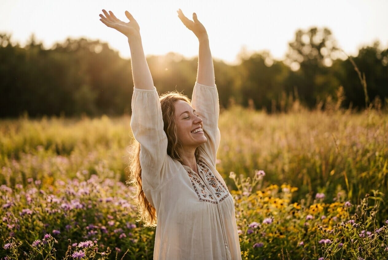 Woman stretching arms upward gracefully