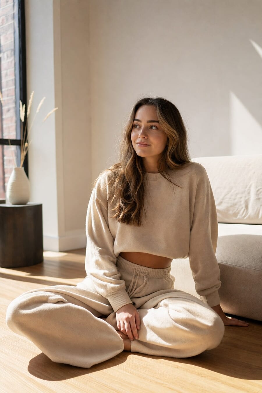 Woman sitting cross-legged on the floor of a sunlit minimalist apartment