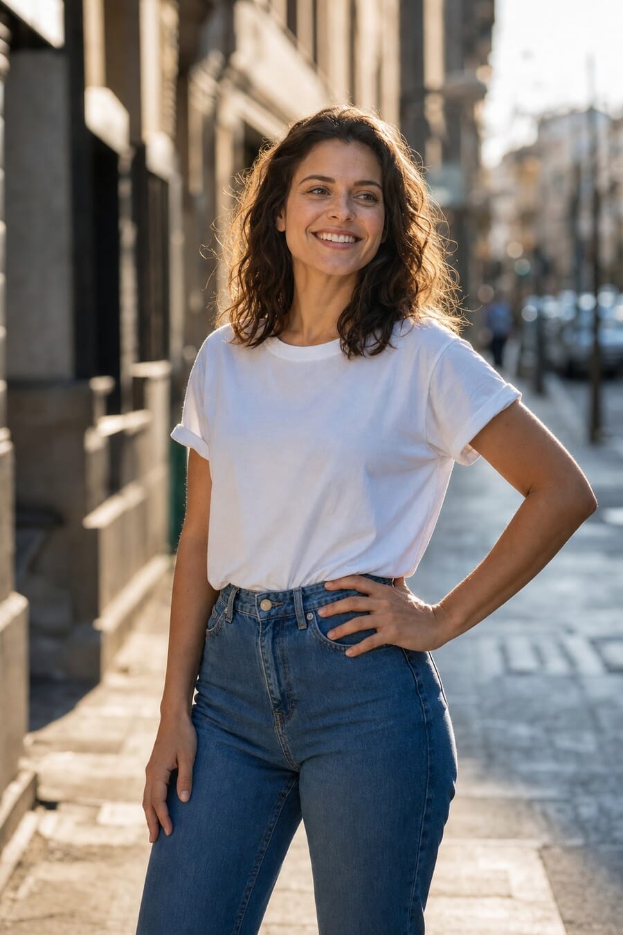 Woman with hand on hip and weight shifted, candid expression on a sunny city street