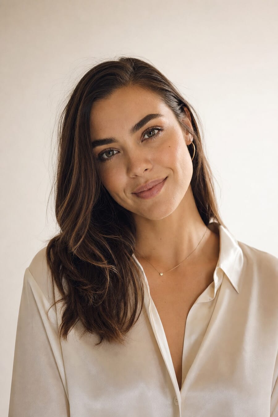 Woman in a cream blouse with head tilted gently to one side and a soft smile