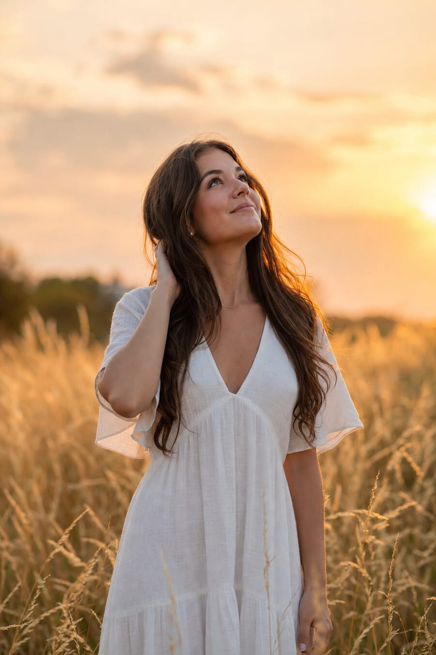 Woman in a flowing white dress looking up at the sky in a golden-hour grass field