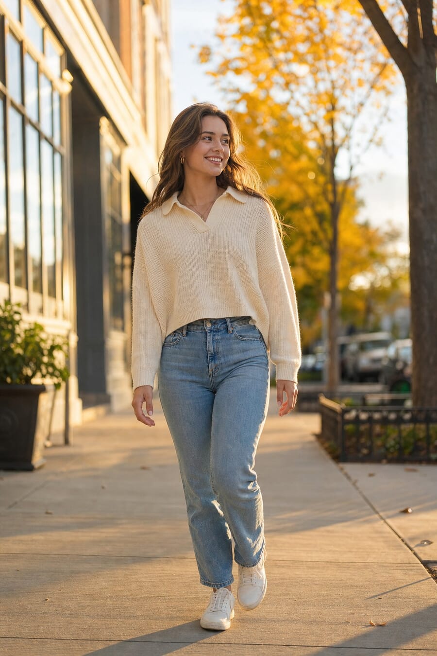 Woman walking toward camera on a sunlit city sidewalk during golden hour