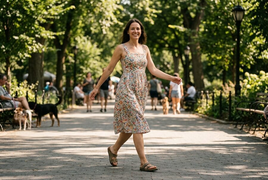 Woman captured mid-stride walking naturally
