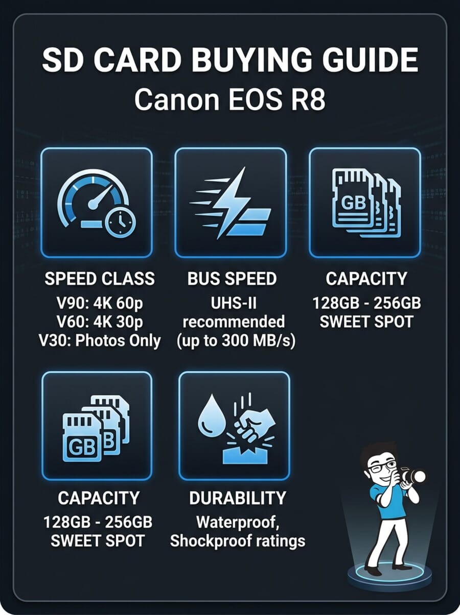 SD card buying guide infographic for Canon EOS R8 showing speed class, bus speed, capacity, and durability factors