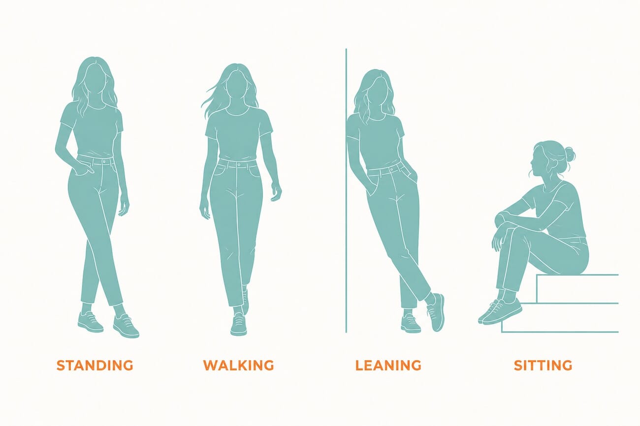 Four full-body portrait pose ideas: standing, walking, leaning, and sitting