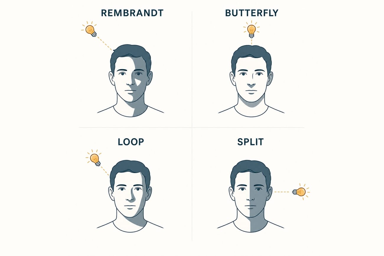 Diagram of four classic portrait lighting patterns: Rembrandt, butterfly, loop, and split