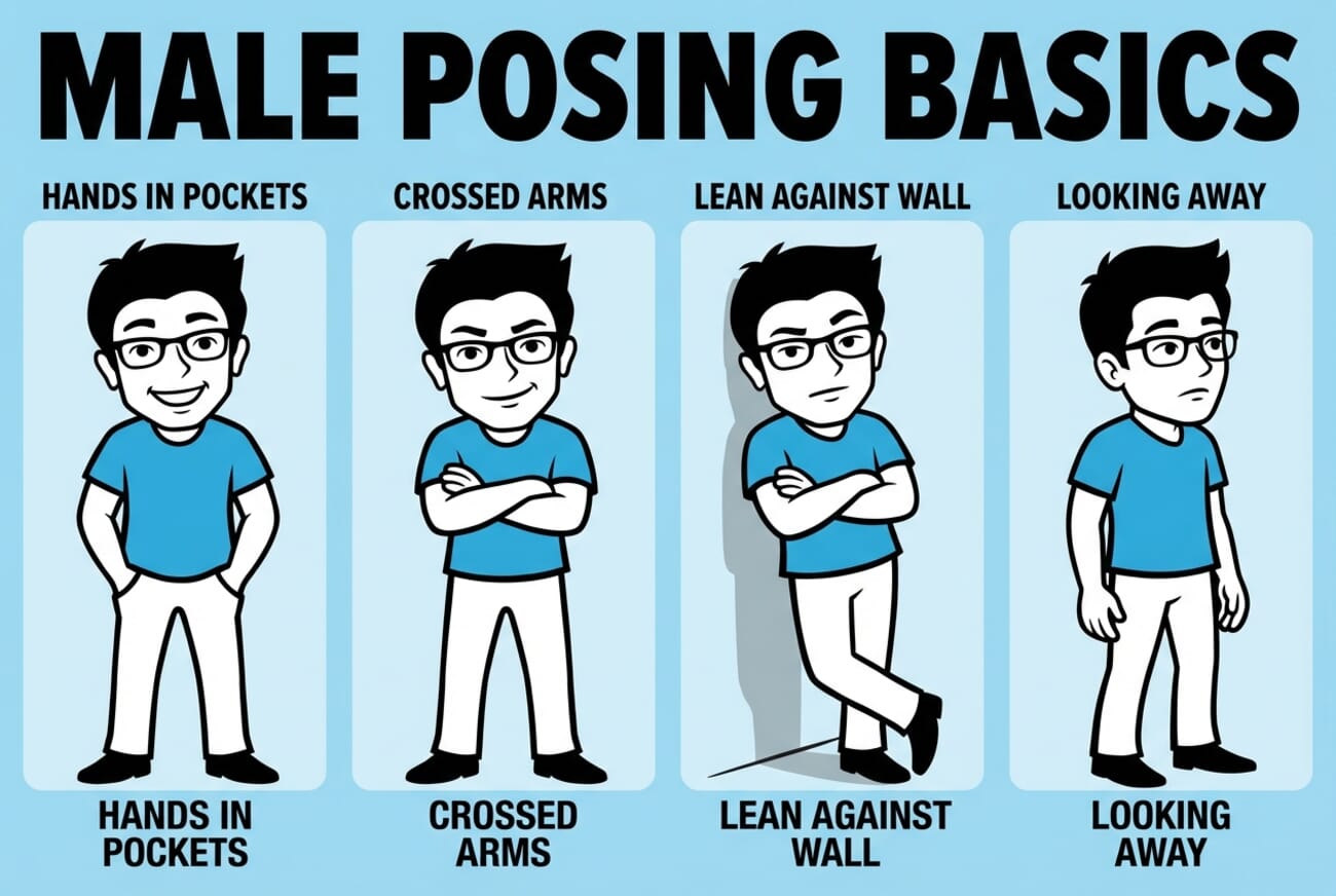 Male posing basics infographic showing hands in pockets, crossed arms, lean against wall, and looking away poses