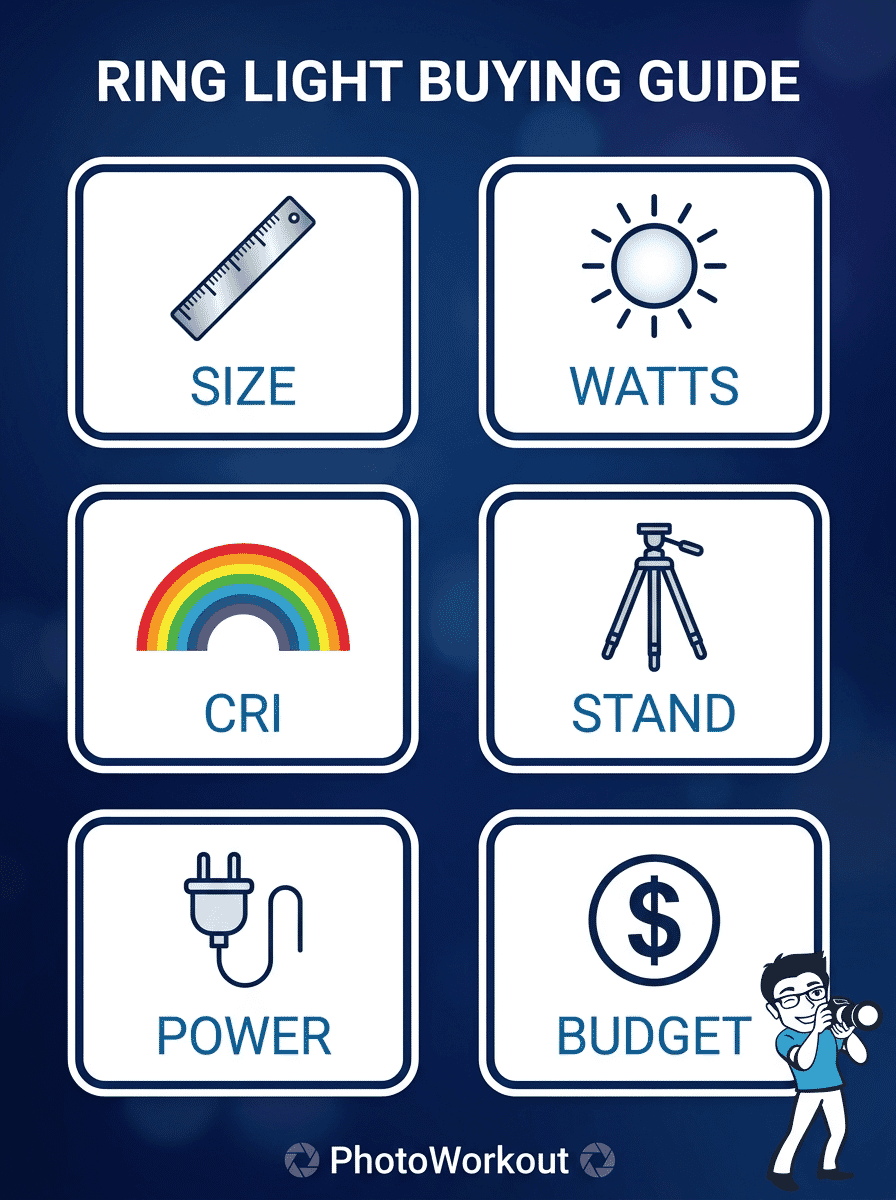 Ring light buying guide infographic showing key factors: size, brightness, color rendering, stand quality, power source, and budget