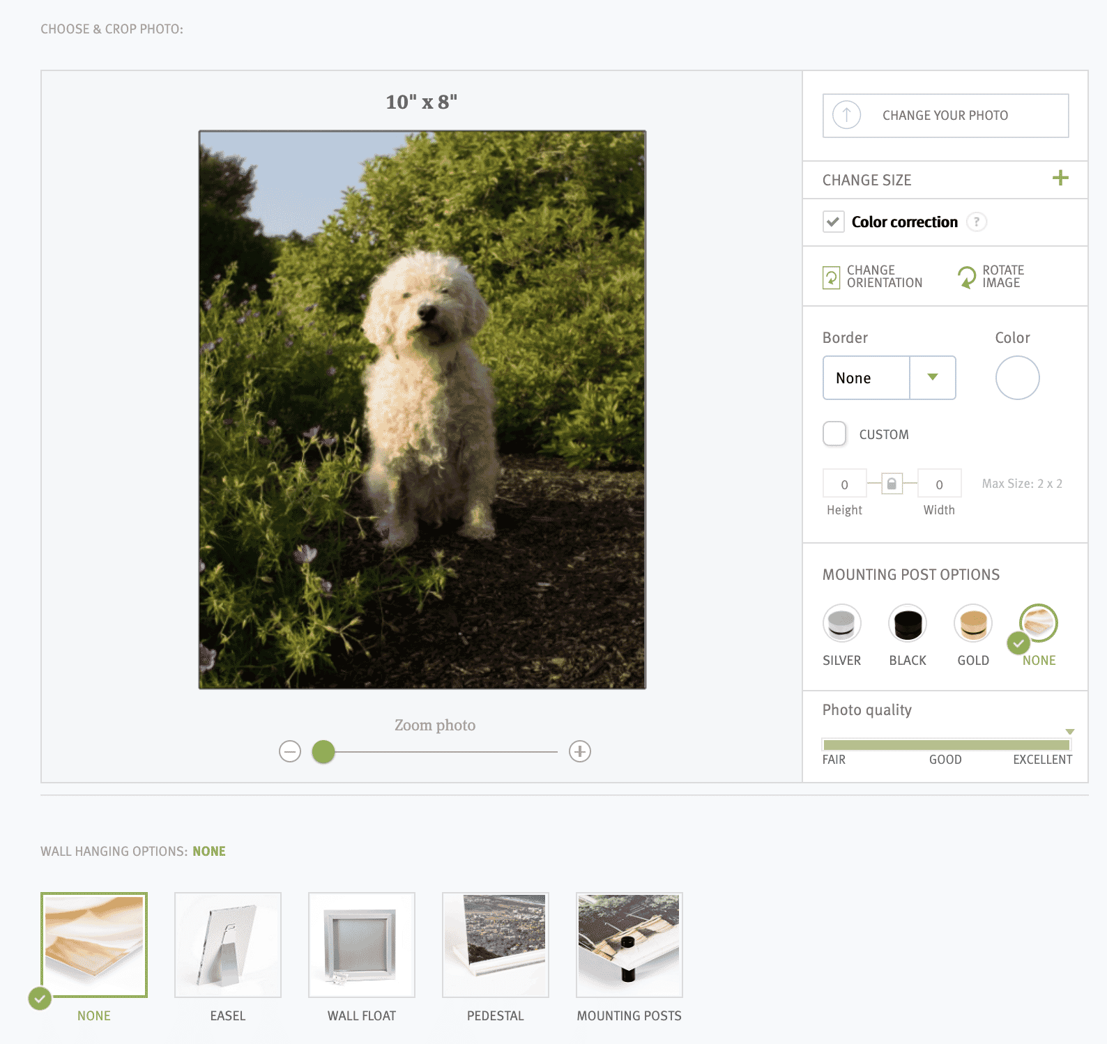 Printique's preview page includes a live price estimate and quick crop adjustments