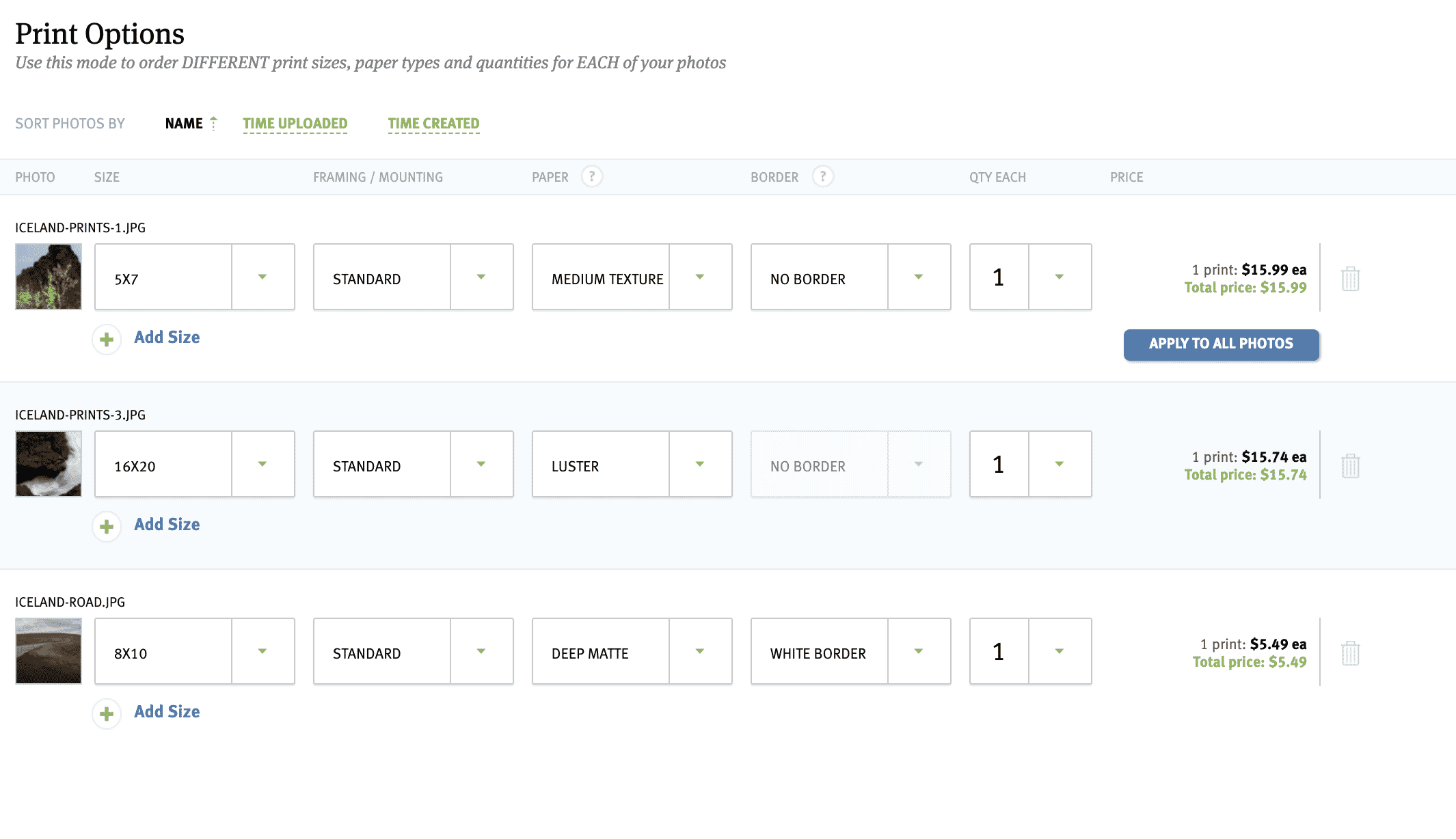 You can apply unique attributes to every individual print in your order, or keep the settings across all of your image uniform.