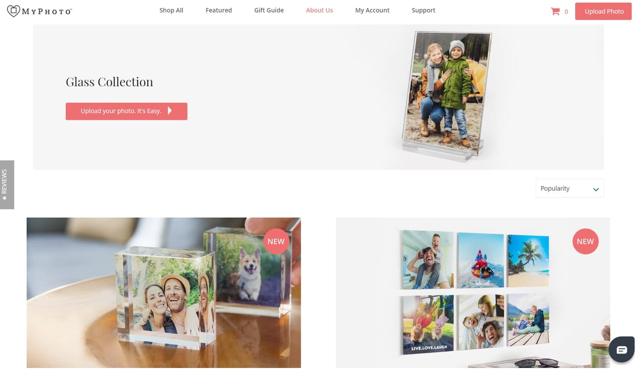 The MyPhoto website showing several glass print offerings.