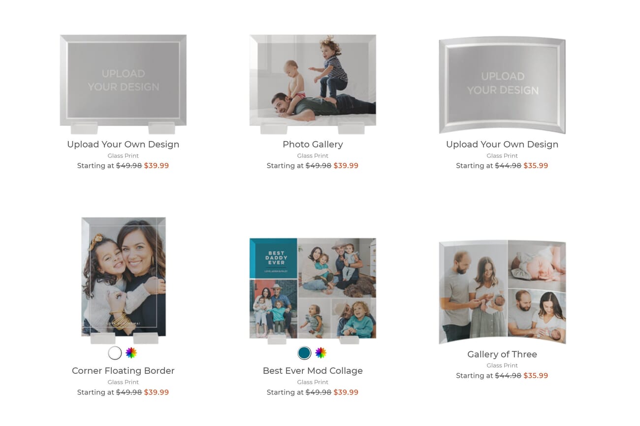 The Shutterfly website showing several glass print products.