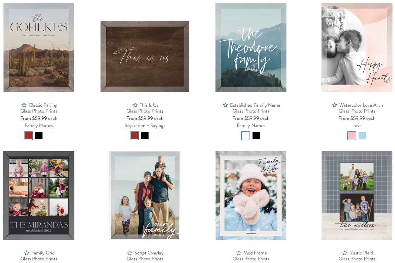 The Snapfish website showing several glass photo print products.