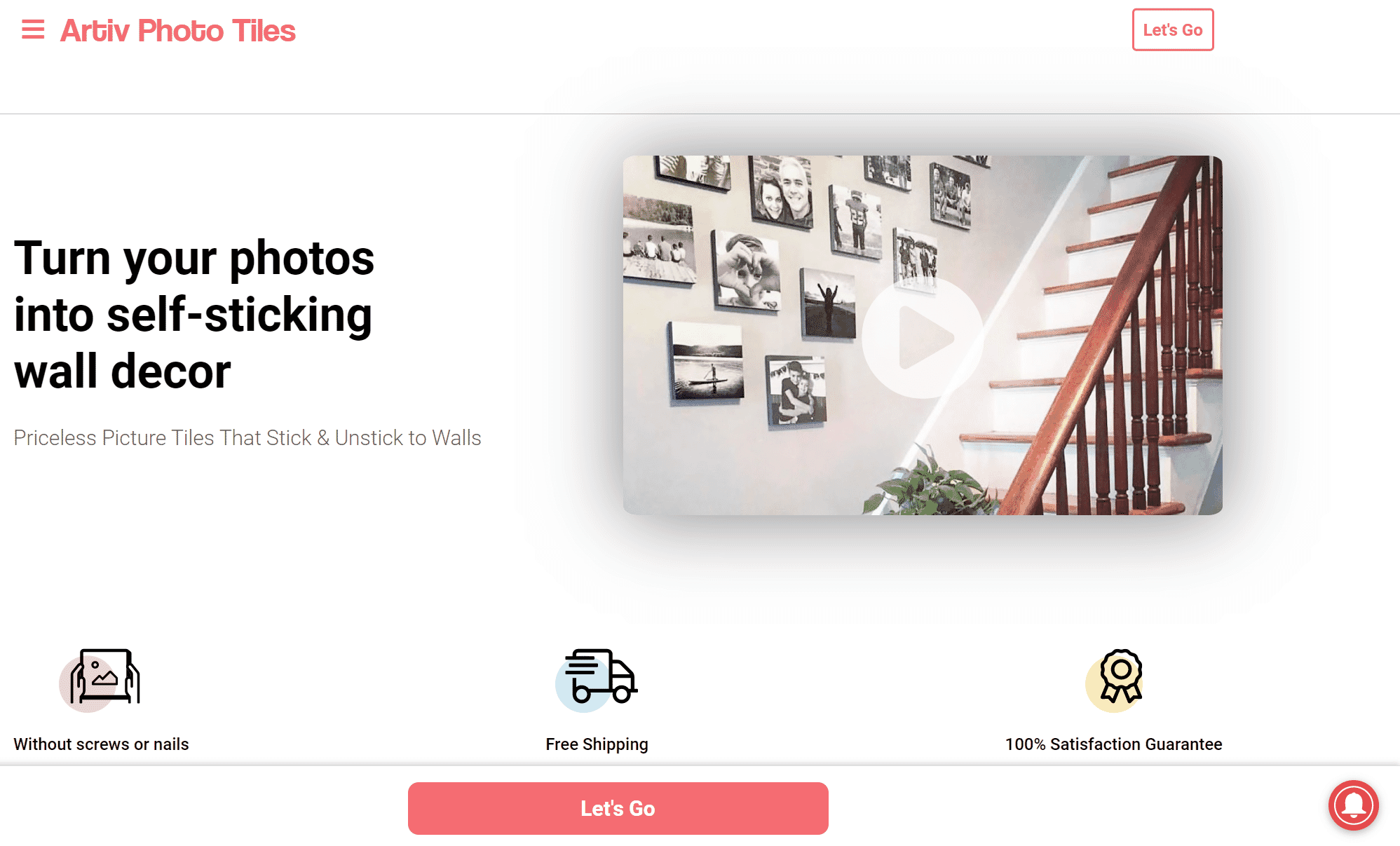 Artiv Photo Tiles home page with photo tiles next to a staircase.