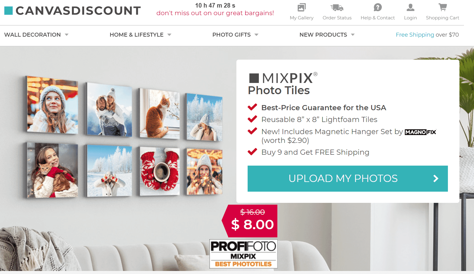MIXPIX photo tiles product page showing eight tiles hung on a wall.
