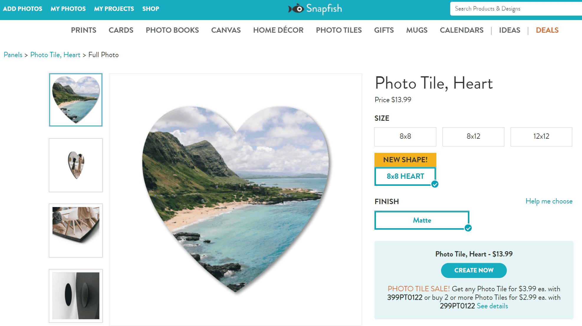 Snapfish heart photo tile product page.