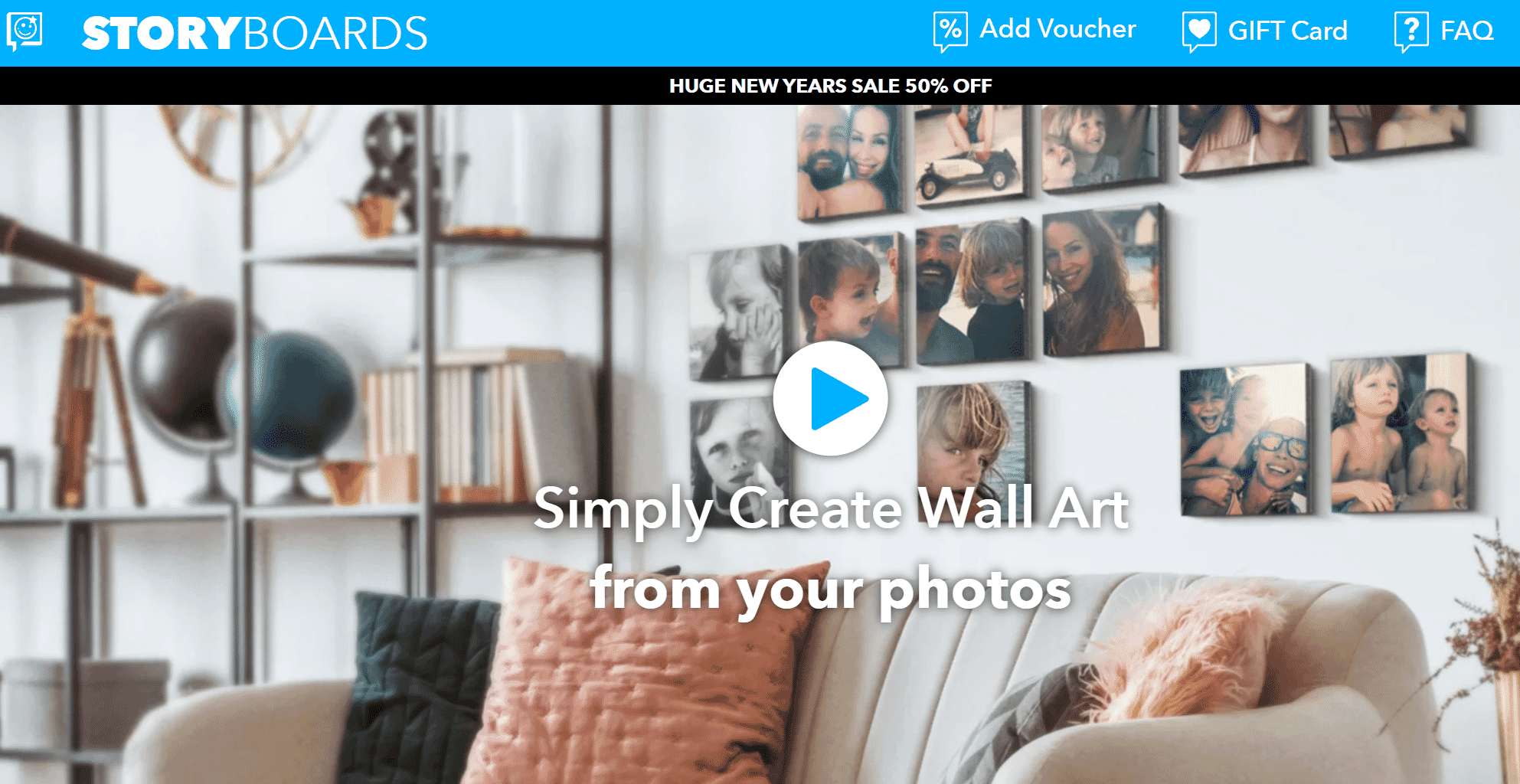 StoryBoards website home page with photo tiles hung on a wall.