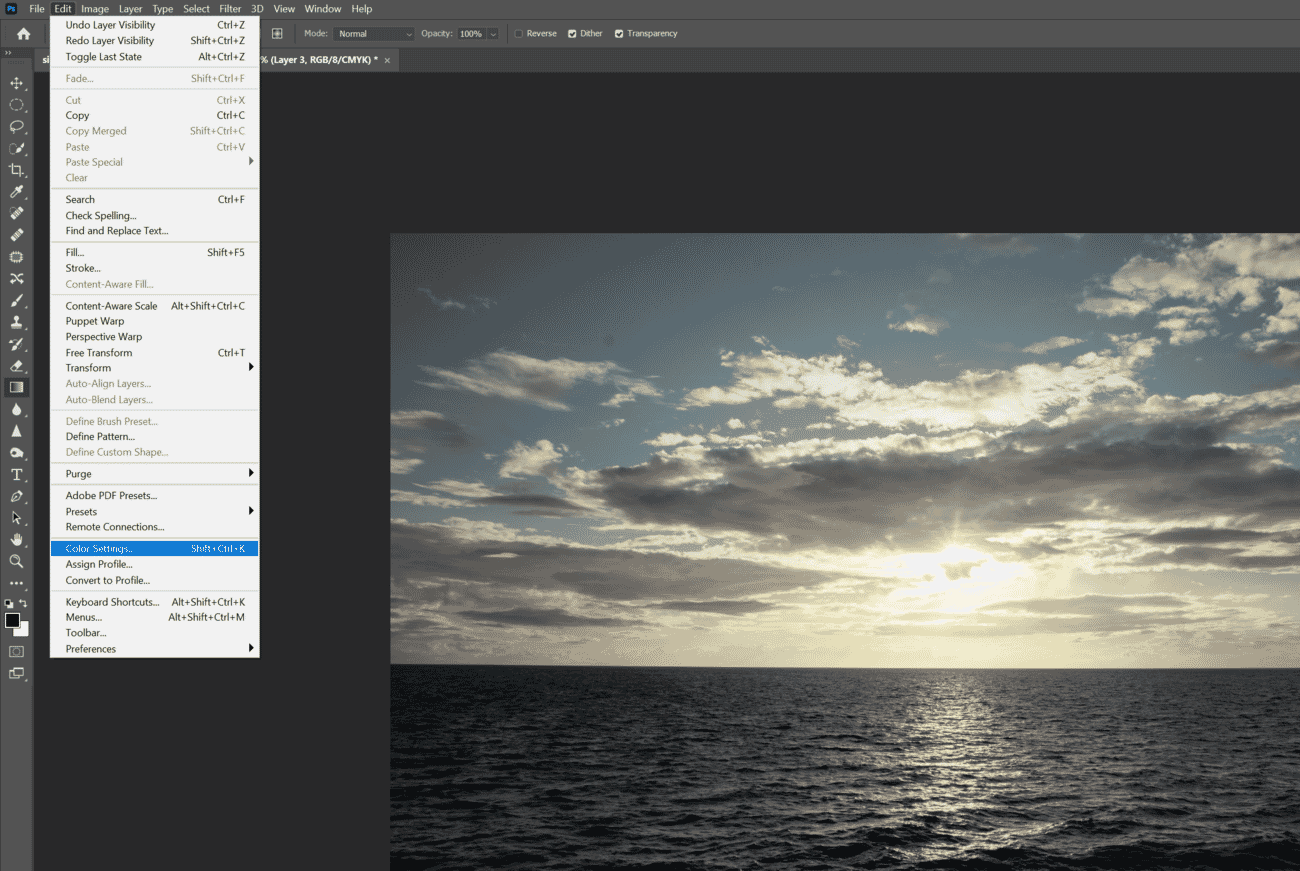 Photoshop Color Settings dialog showing working spaces and color management policies