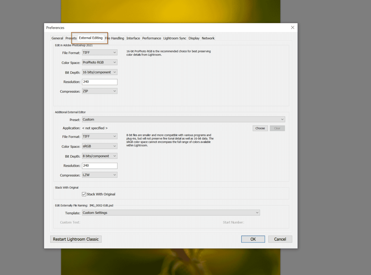 Lightroom external editing preferences showing ProPhoto RGB color space setting