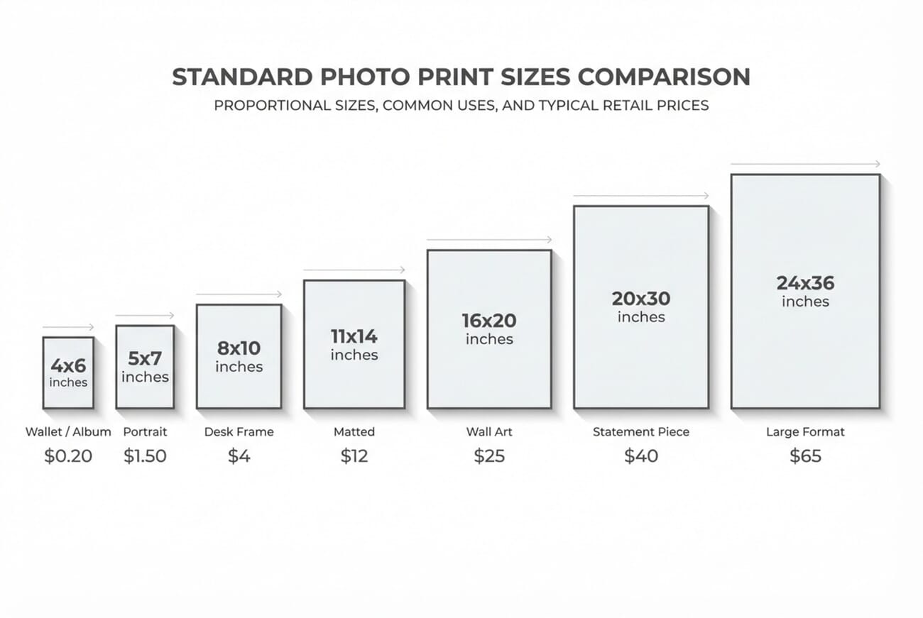 Standard photo print sizes comparison infographic showing dimensions and prices from 4x6 to 24x36