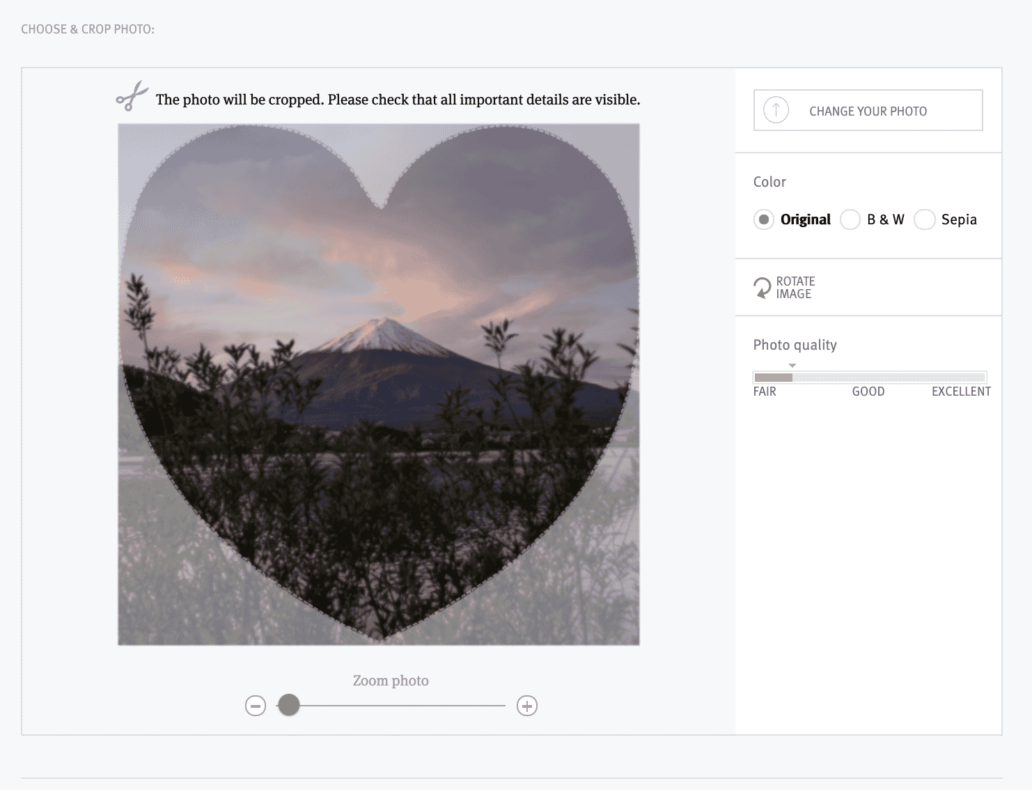 The Printique preview module allows you to adjust your picture's position and get a live price estimate.