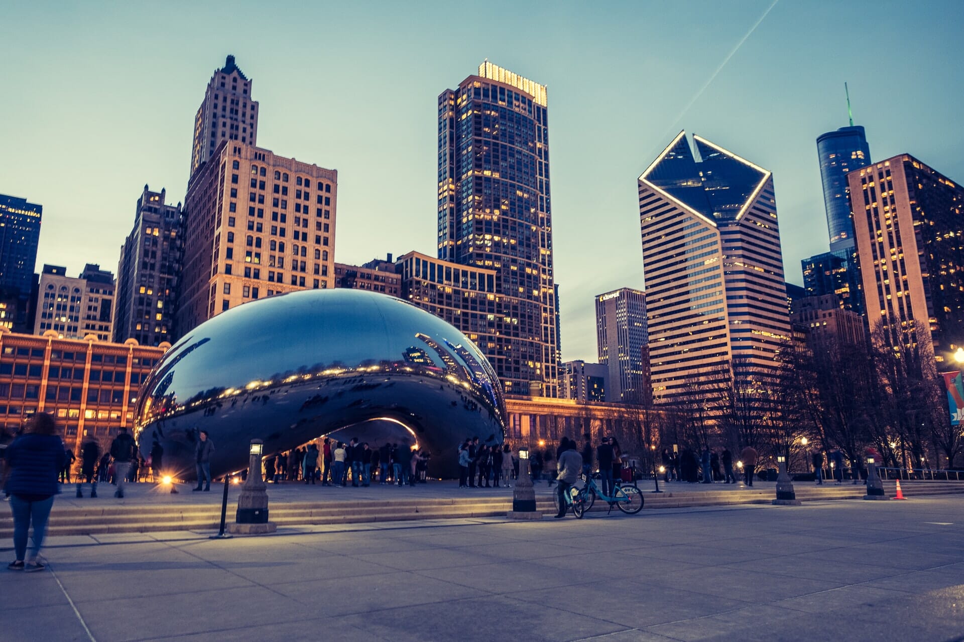 The Cloud Gate sculpture in blue hour.