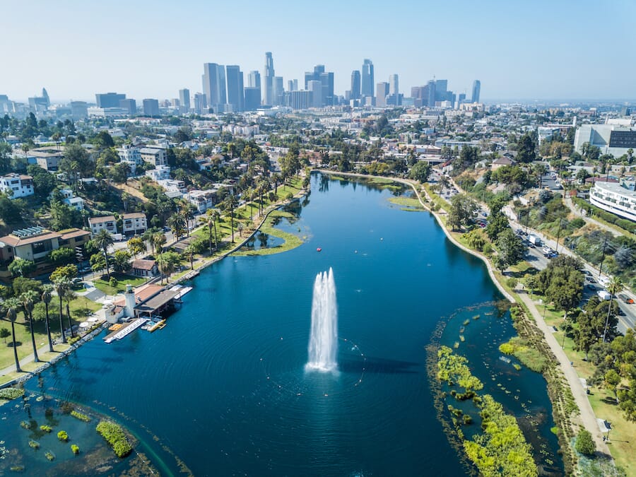 Aerial shot of Echo Park in Los Angeles