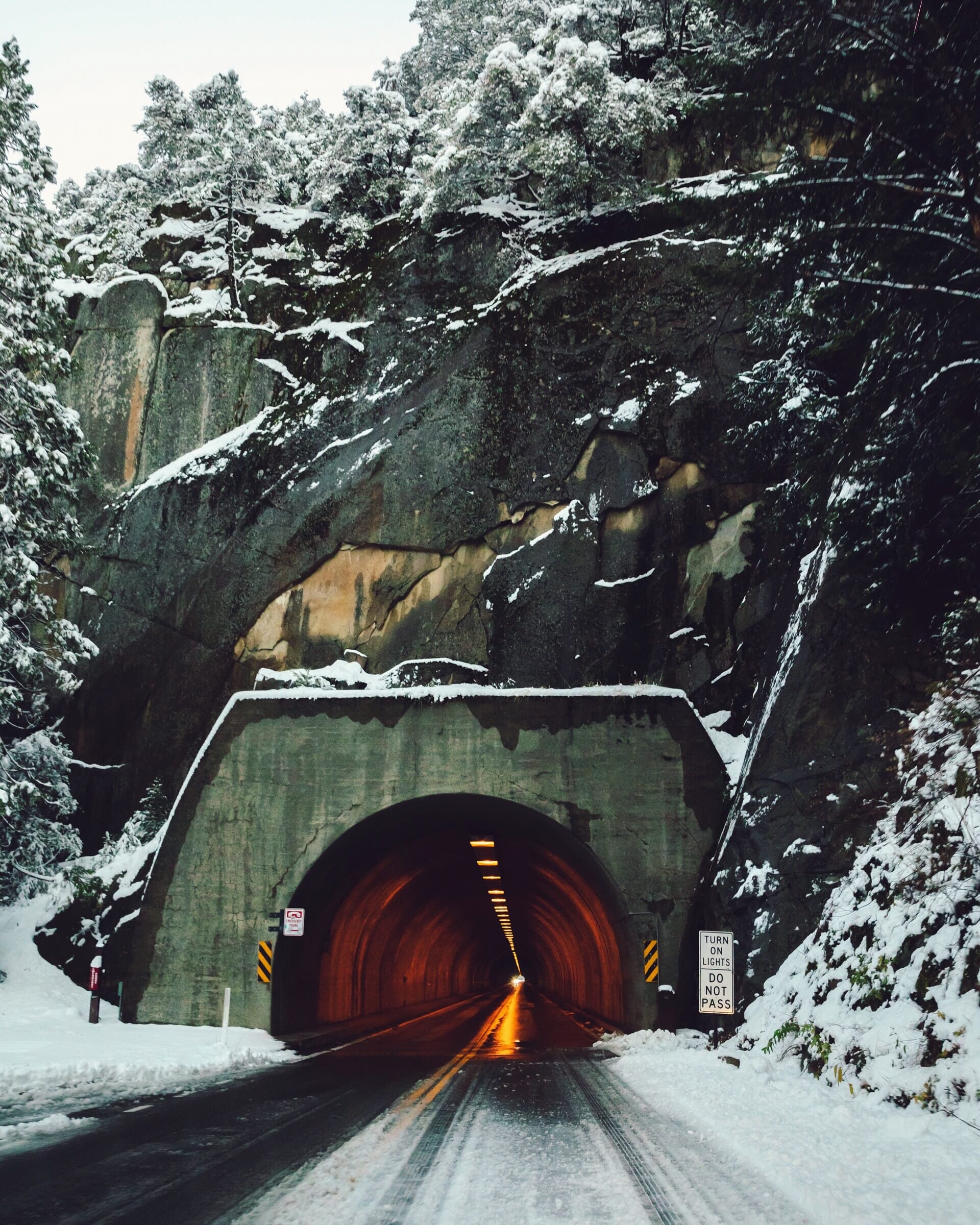 The rocky entrance to Wawona Tunnel in the winter