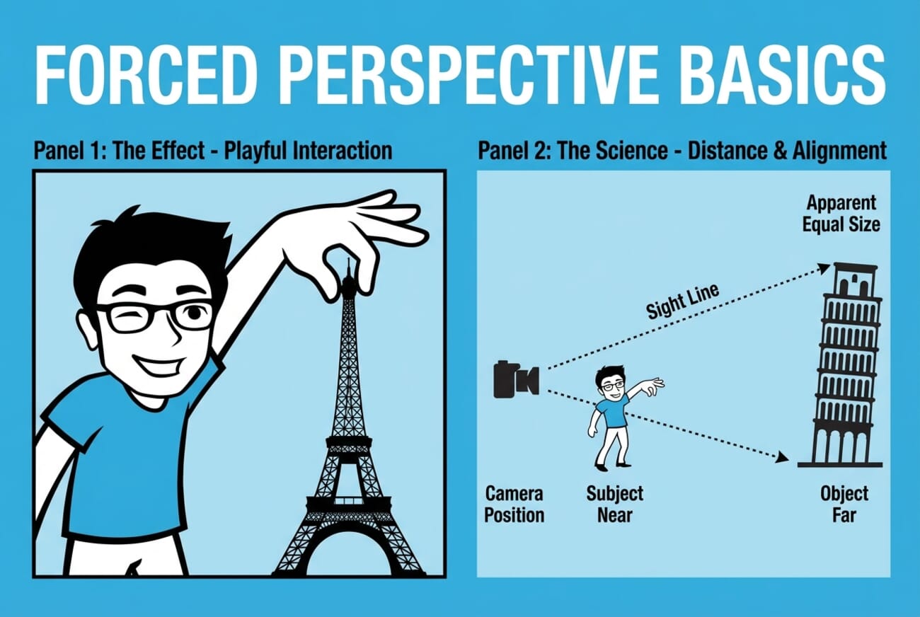 Forced perspective photography basics infographic showing the technique of positioning subjects near camera to appear same size as distant landmarks