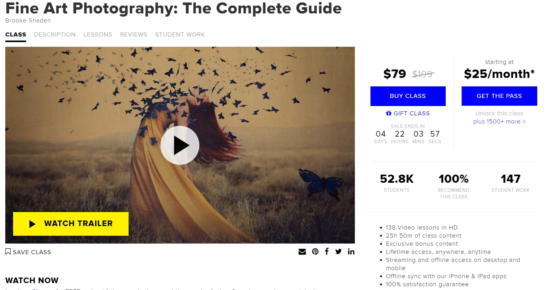 This Fine Art photography course is taught by Brooke Shaden. It really gives you a chance to break into this prestigious domain.