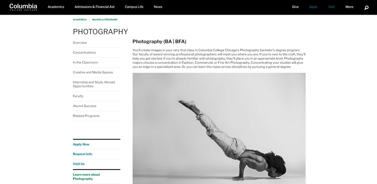 Columbia College Chicago photography program website