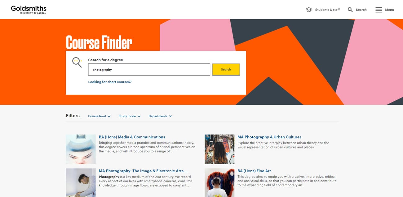 Goldsmiths University of London photography program website
